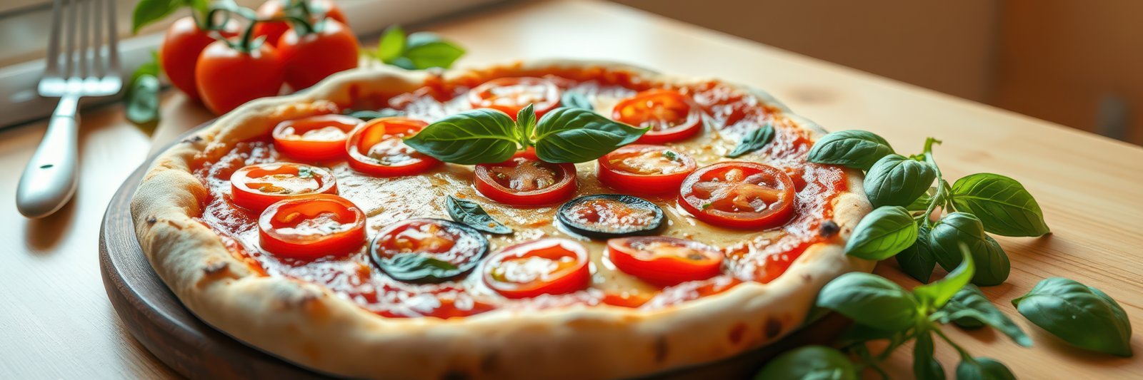 A freshly baked pizza with tomato and basil sits on a wooden table